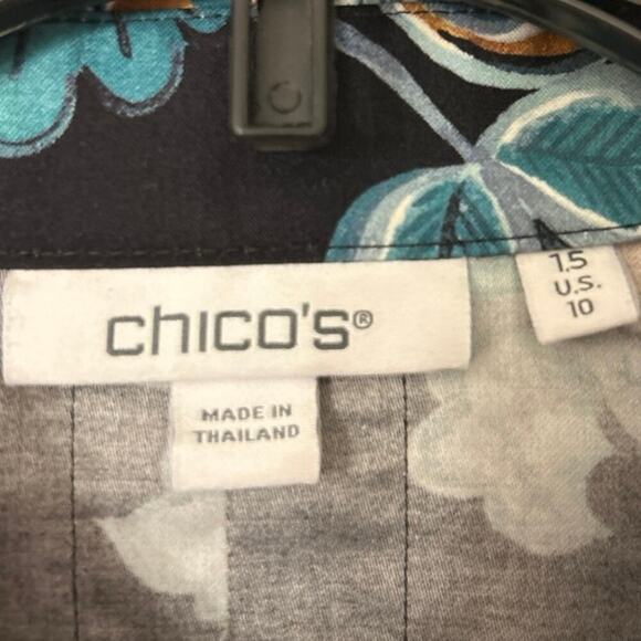 Chico’s Black Floral No Iron Cotton Stretch Button Down Tunic Blouse New Size 10 - Picture 10 of 14